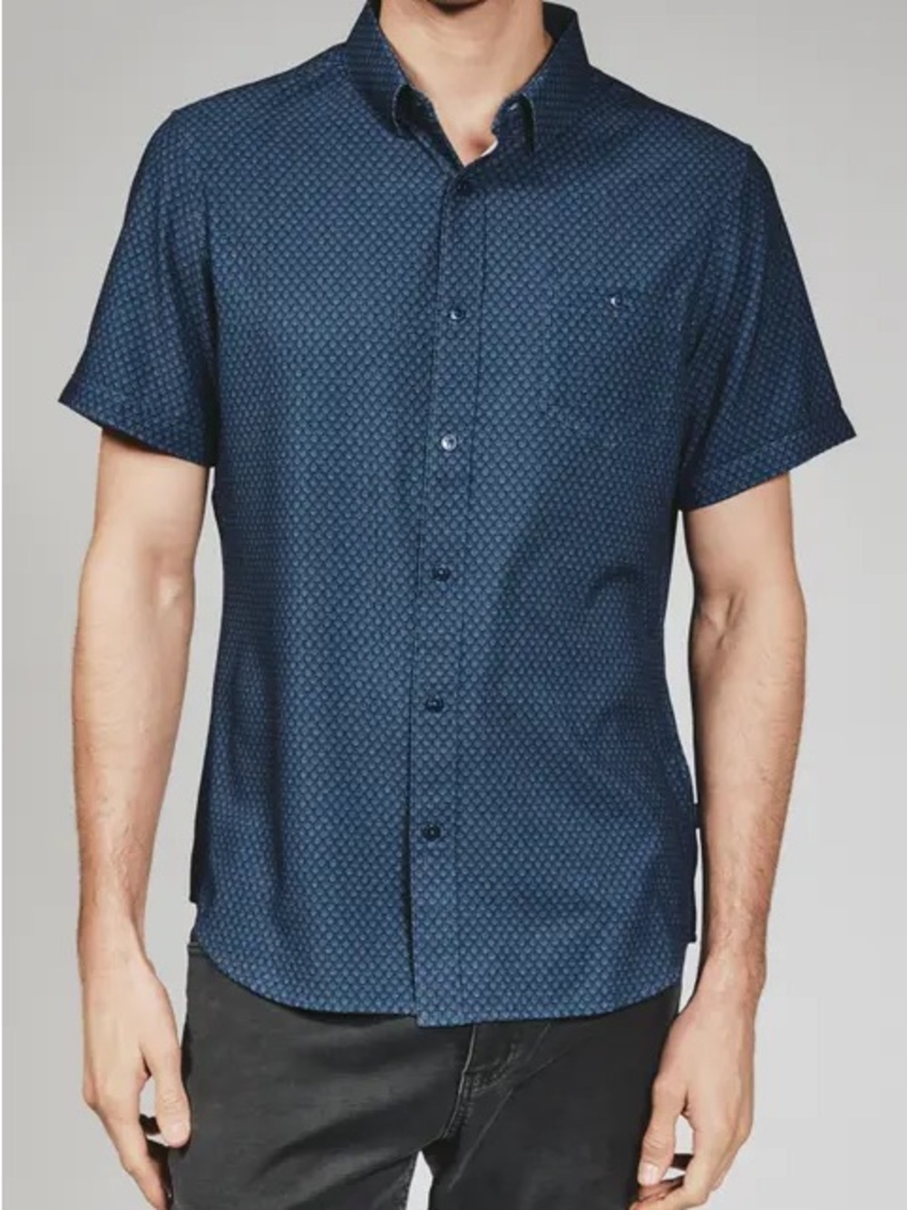 Boss Short-Sleeve Button-Down Shirt in Navy with Micro Pattern